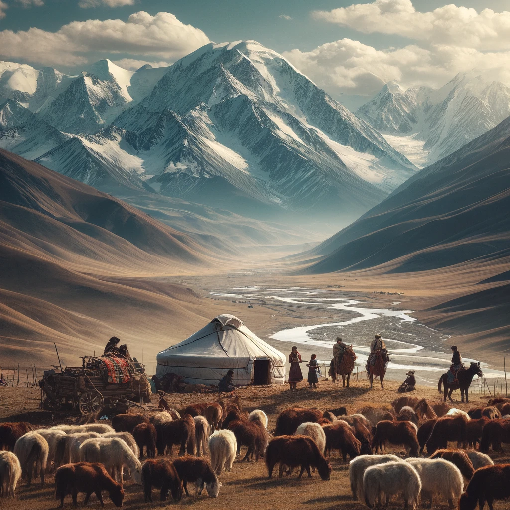 Altai Mountains with nomads and their livestock