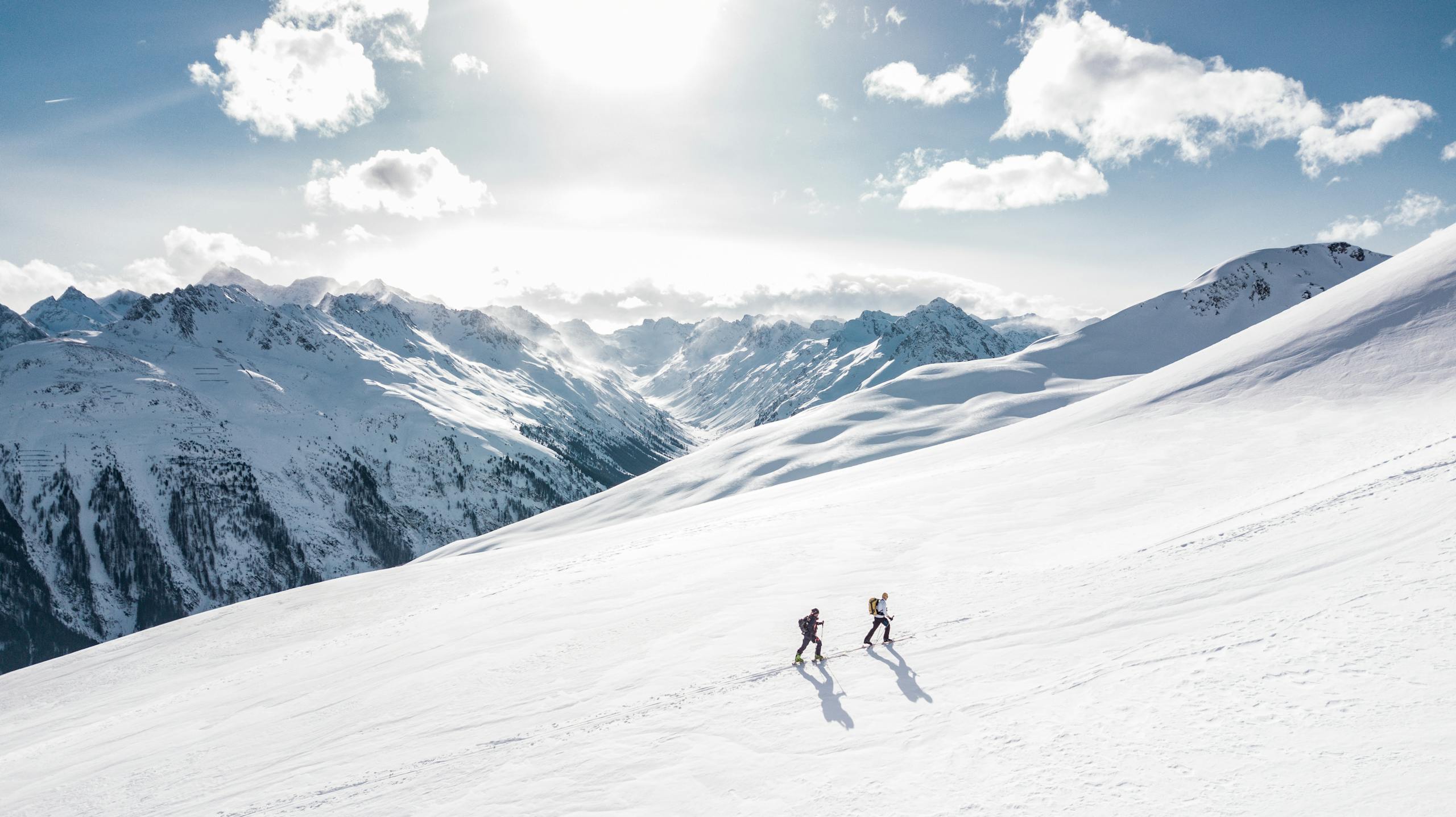 Two Man Hiking on Snow Altai Mountain