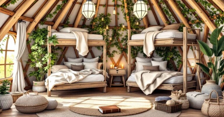Bunk beds inside a yurt, perfect for camping
