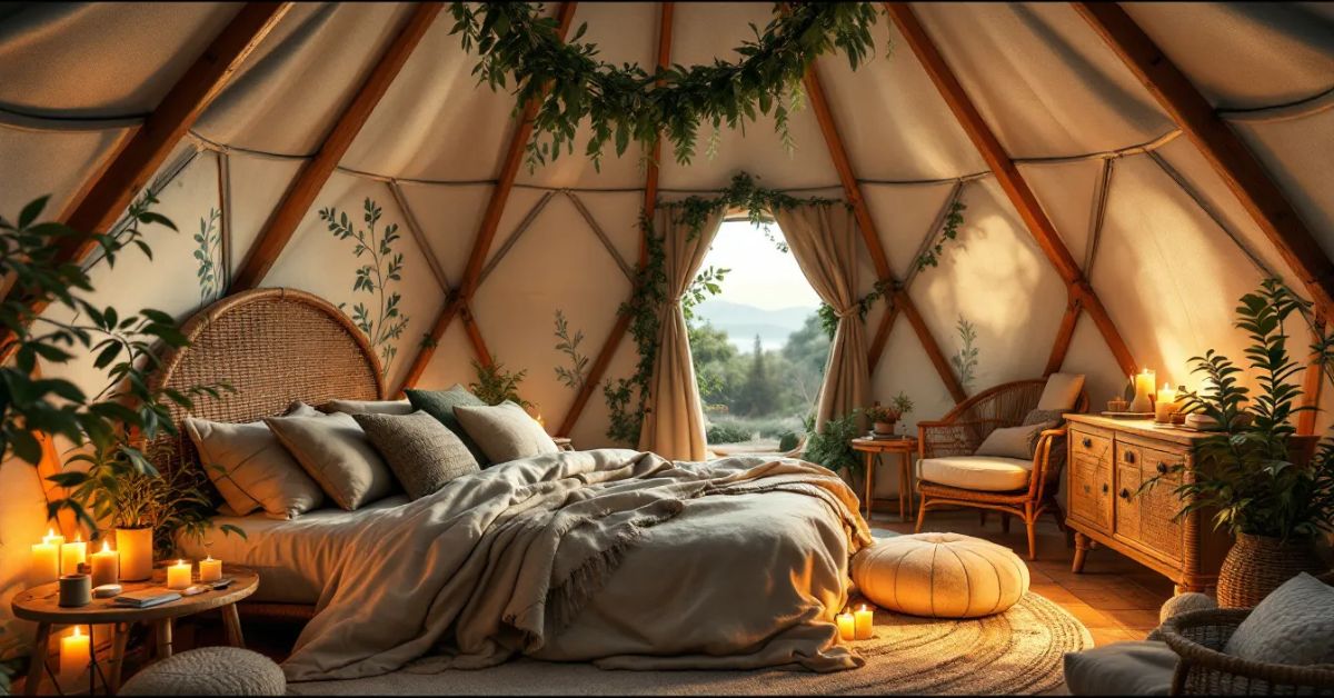 Personalized yurt bed with unique decor.