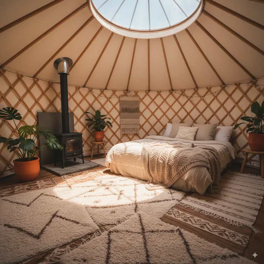 Portable Glamping Yurt Kit interior with cozy bed and wood stove