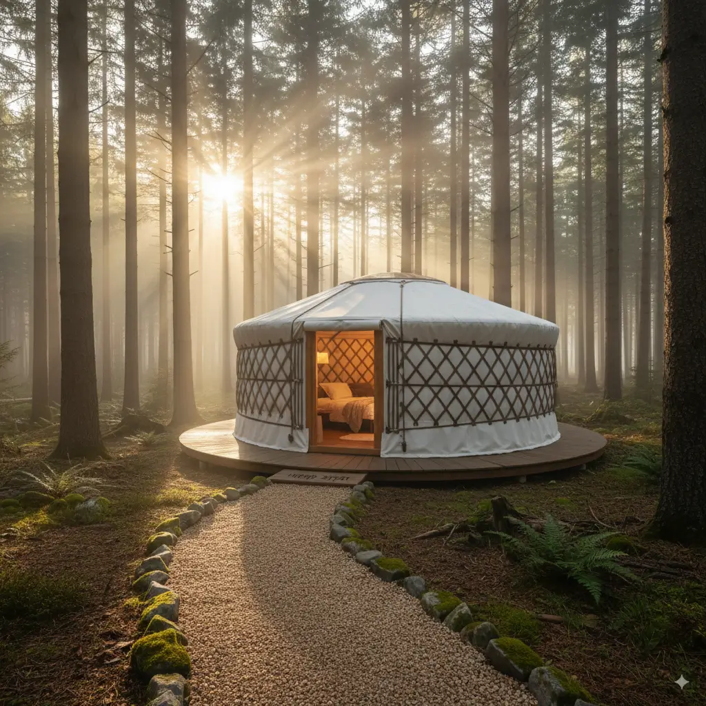 Portable Glamping Yurt Kit set up in a pine forest